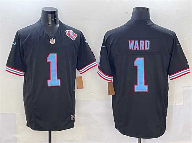 Men%27s Tennessee Titans #1 Cameron Ward Black 2025 Draft F.U.S.E. 1997 Throwback Patch Vapor Limited Stitched Jersey